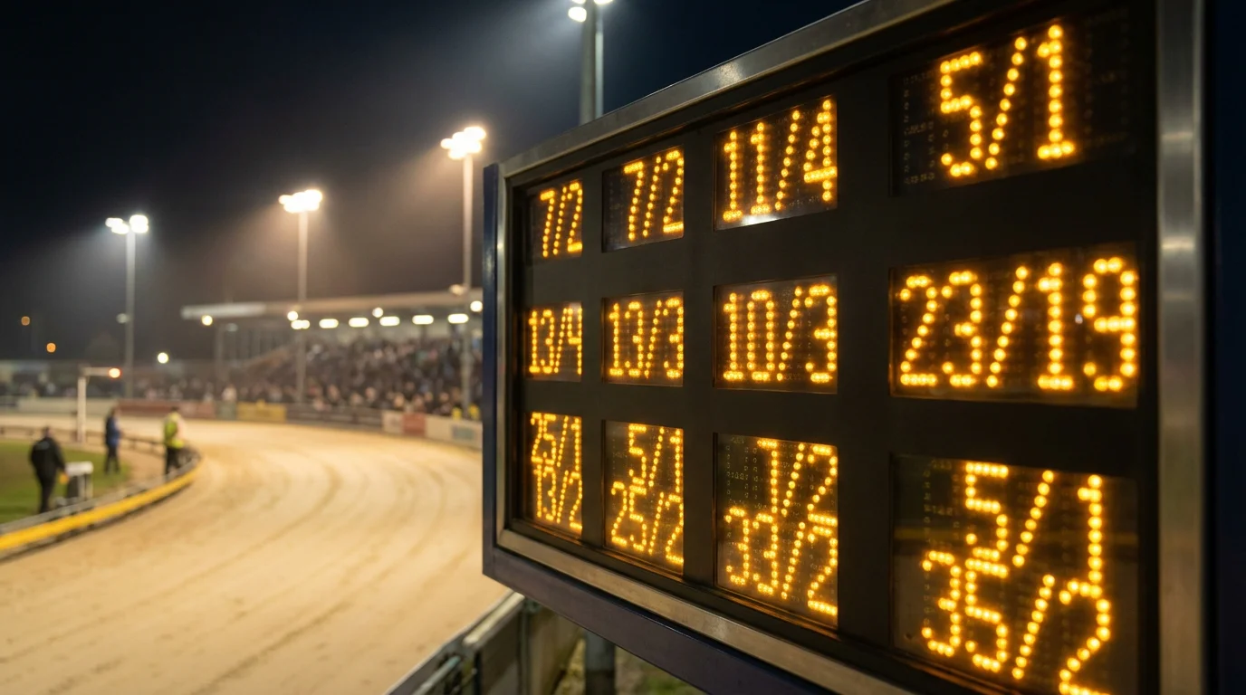 Best odds guaranteed for greyhound betting — close-up of odds board at a UK greyhound track