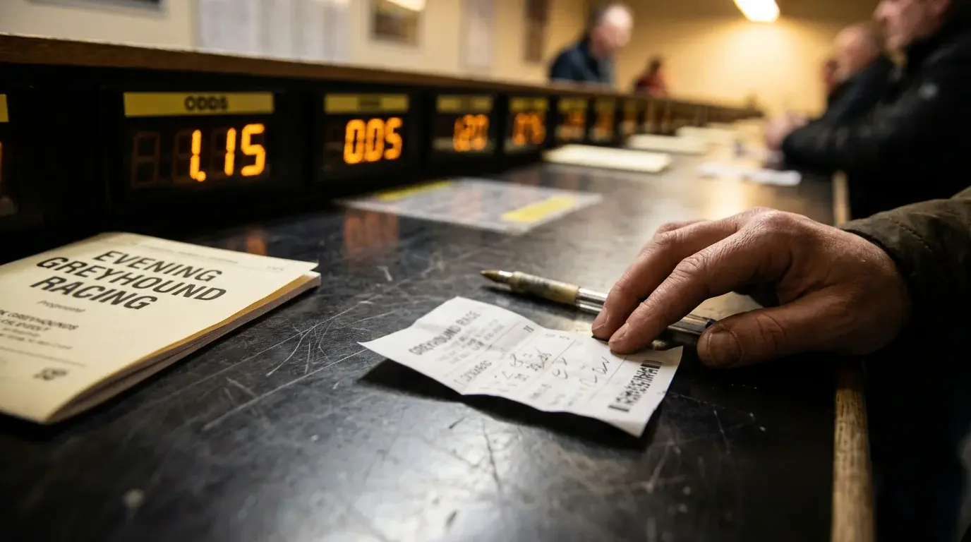 Betting slip and pen on a counter at a UK greyhound track with race programme