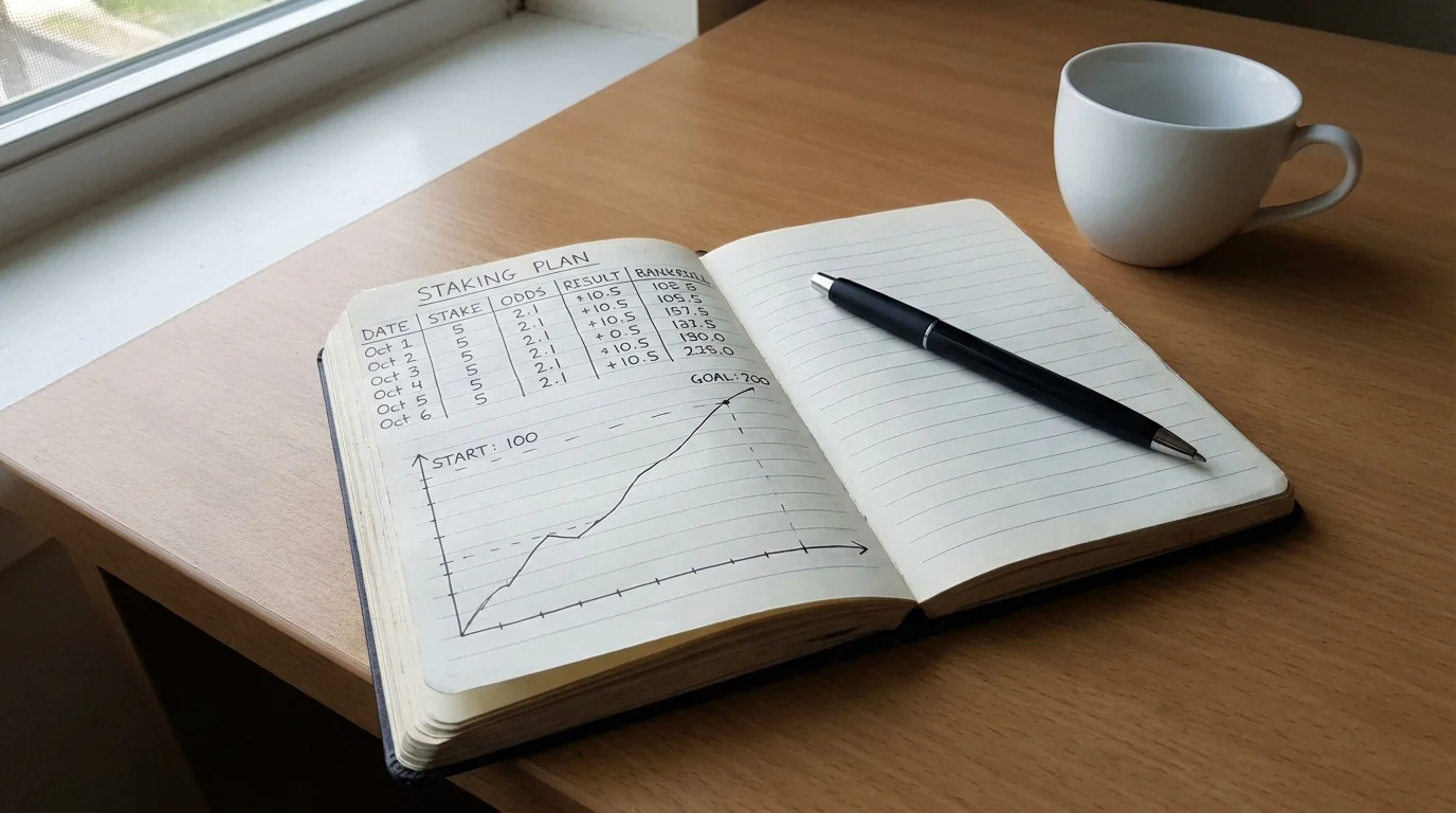 Greyhound betting bankroll management — notebook with staking plan and a pen on a desk