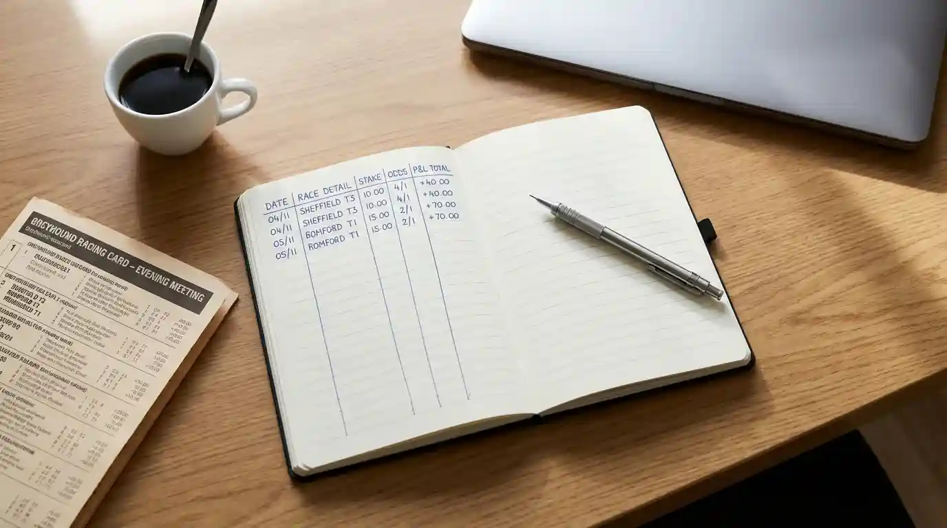 Notebook with greyhound betting records showing stake amounts and running profit-and-loss tracking