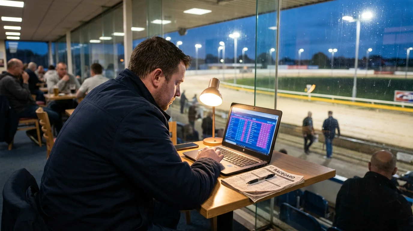 Punter studying a laptop screen with greyhound racing odds at a trackside table