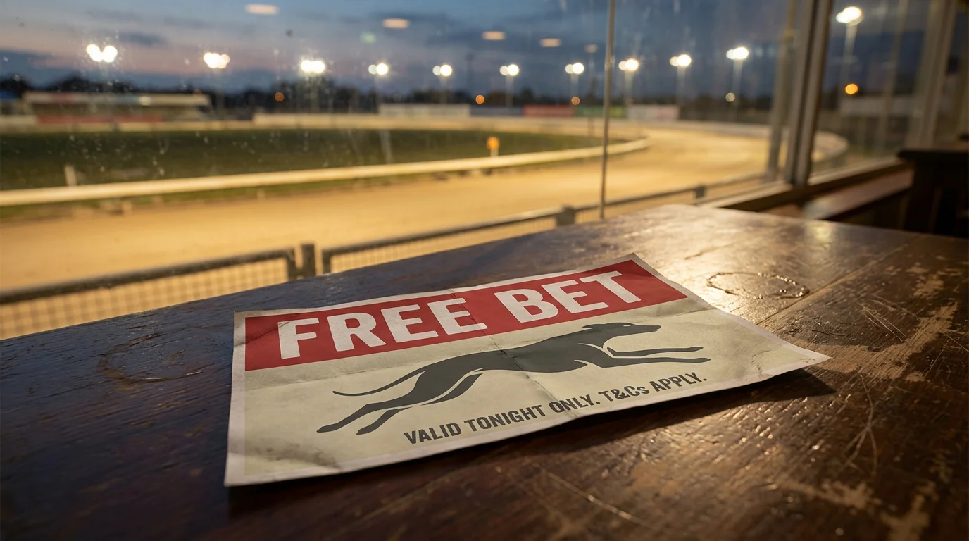 Greyhound betting offers — promotional free bet voucher on a trackside table