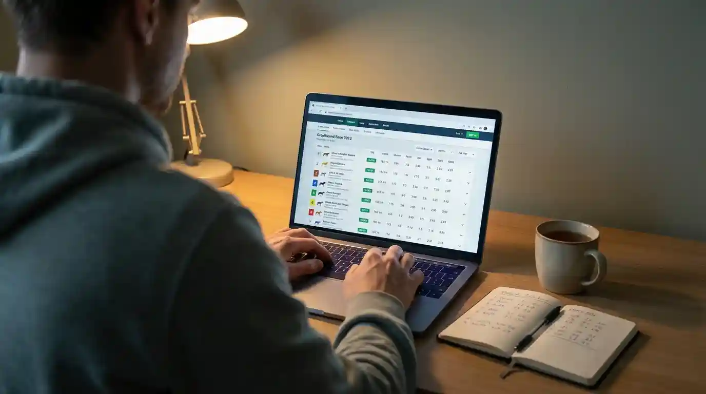 Punter studying greyhound form on a laptop with racecard data and split times on screen