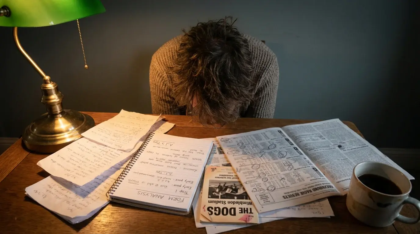 Person studying greyhound form notes and race results at a desk under warm lamp light