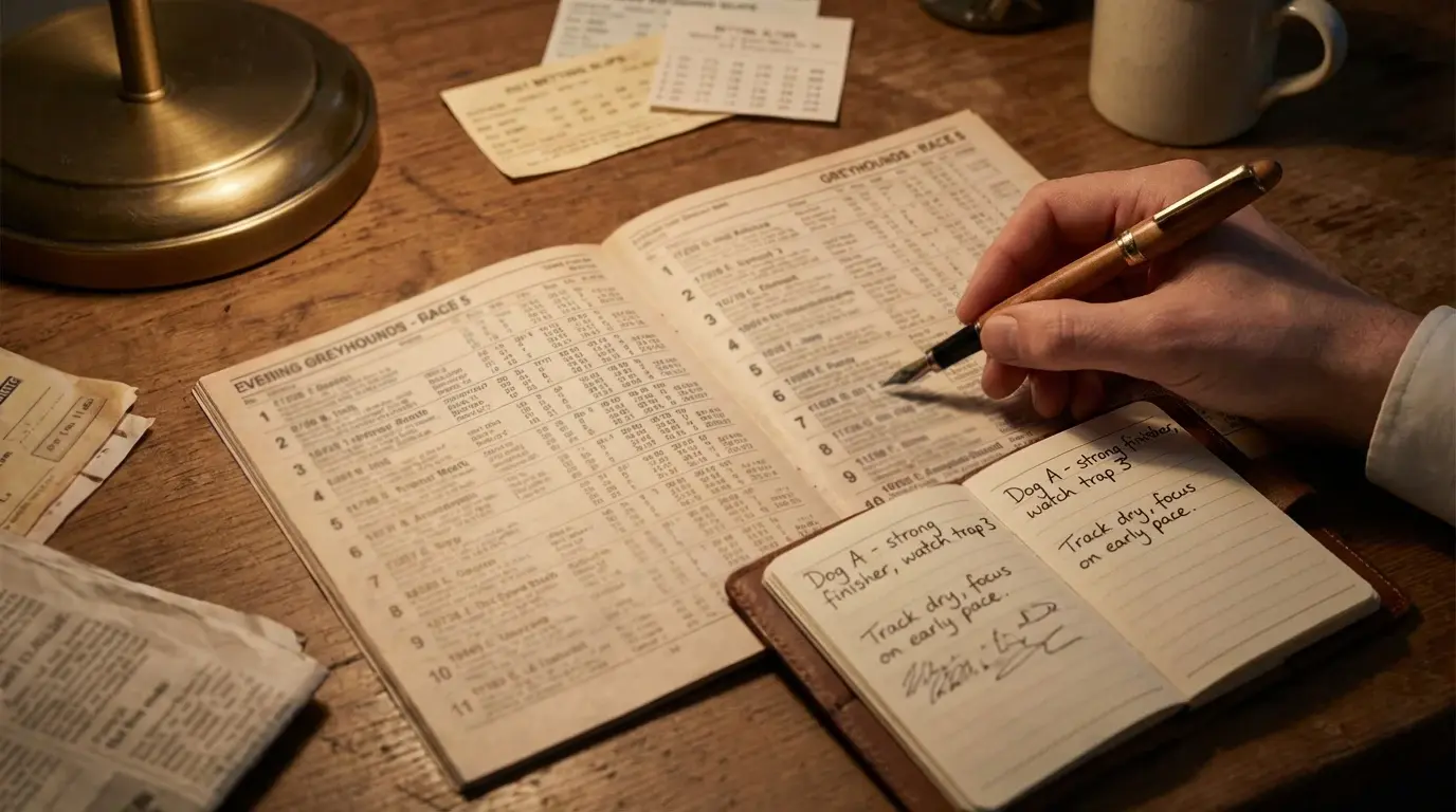 Greyhound form guide — studying a racecard with form figures and run comments