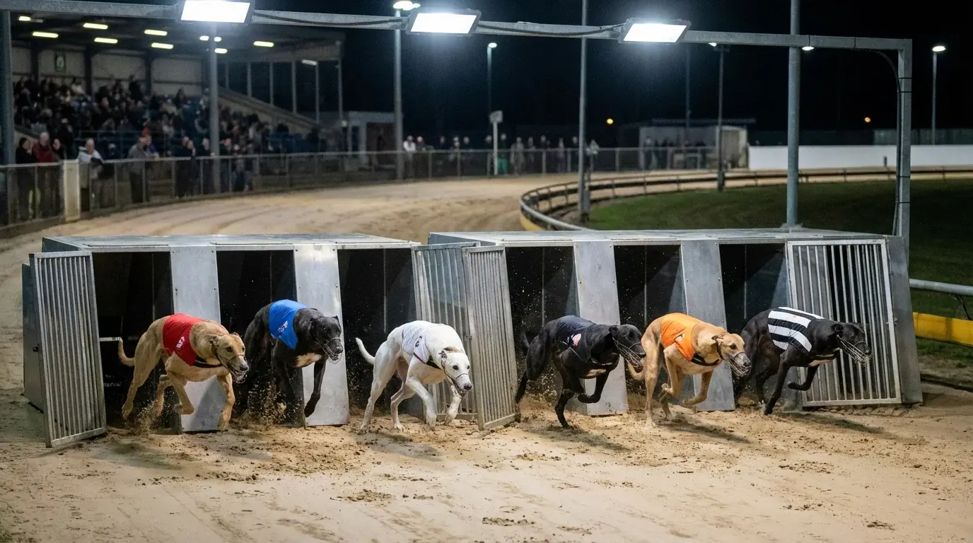 Six greyhounds in coloured racing jackets charging out of the traps at an open race