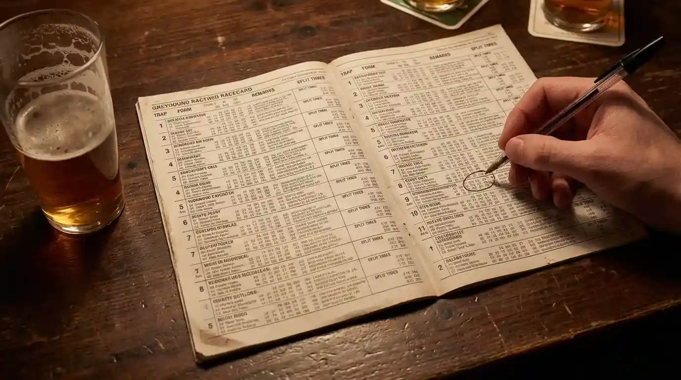 Greyhound racecard with form figures and split times on a table at a UK dog track
