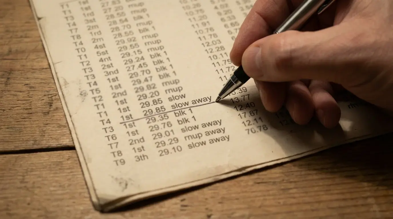 Greyhound racecard with abbreviations and form symbols highlighted