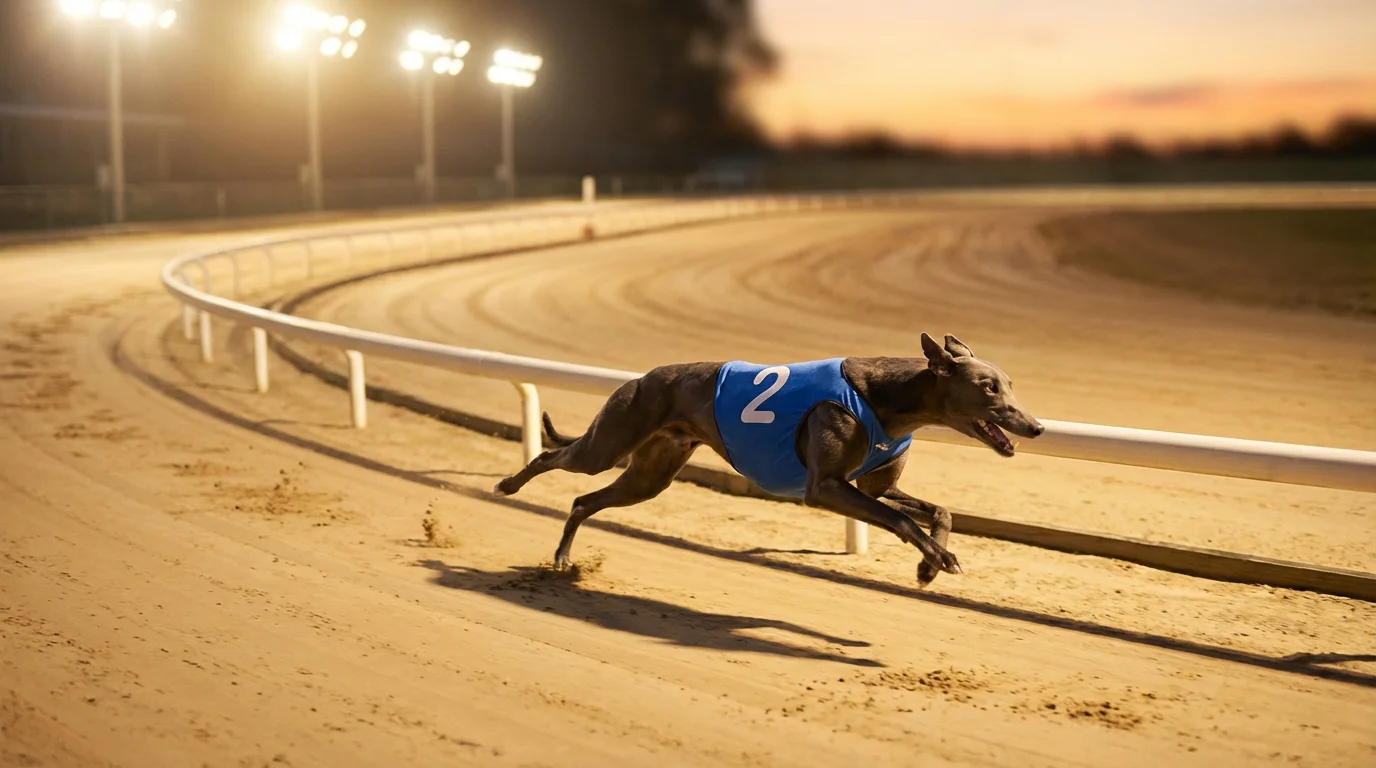 Greyhound in full stride on a sand track with distance markers visible along the rail