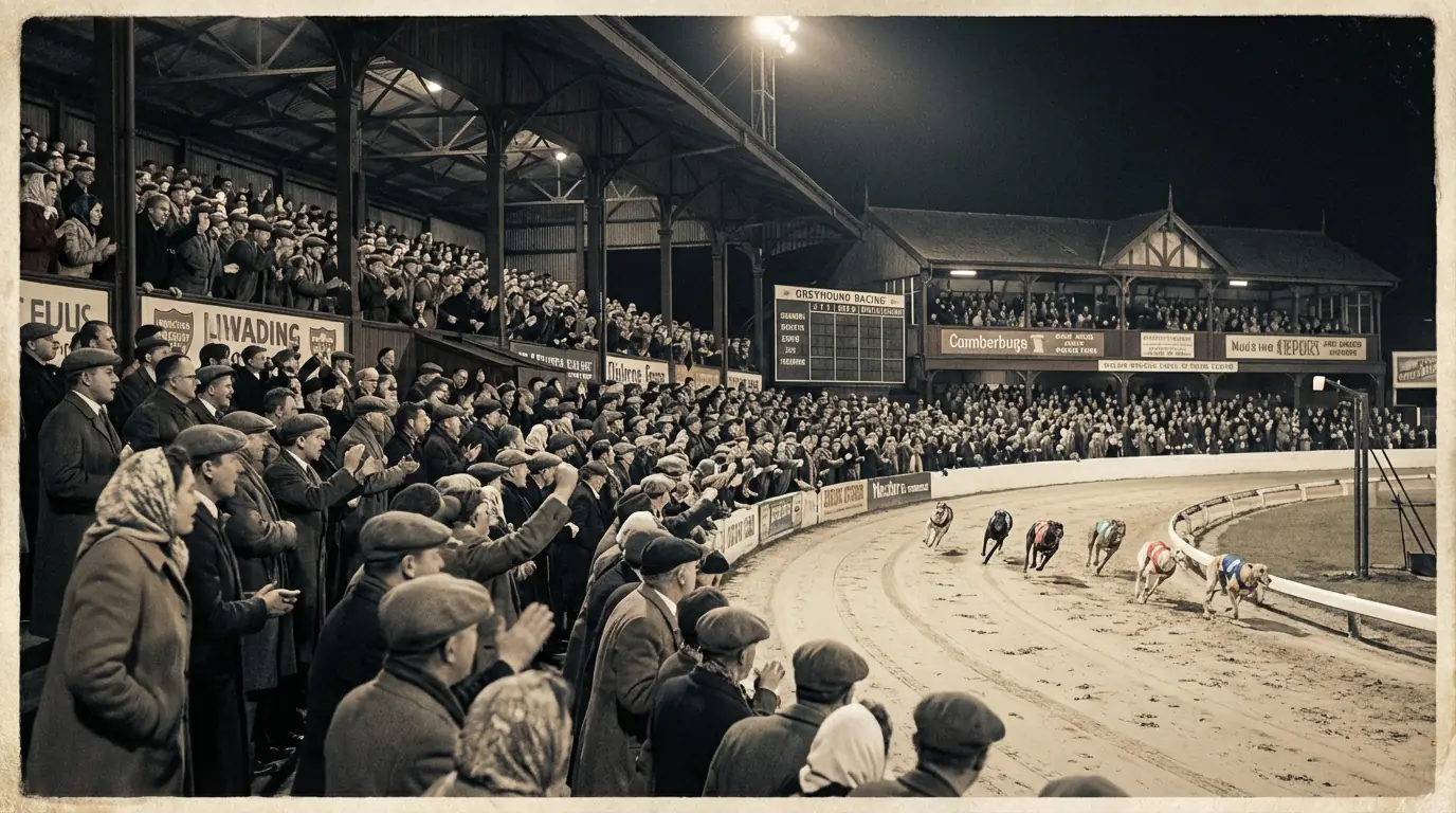 Vintage-style photograph of a packed greyhound racing stadium under floodlights