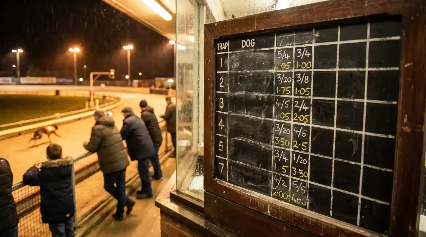 Close-up of a bookmaker odds board at a UK greyhound stadium under floodlights