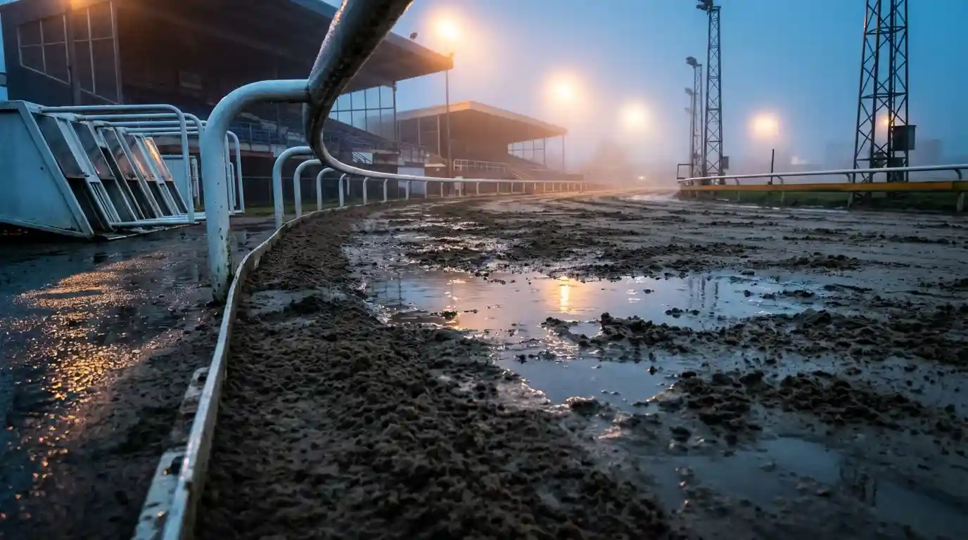 Greyhound track conditions — wet sand surface on a UK greyhound racing track