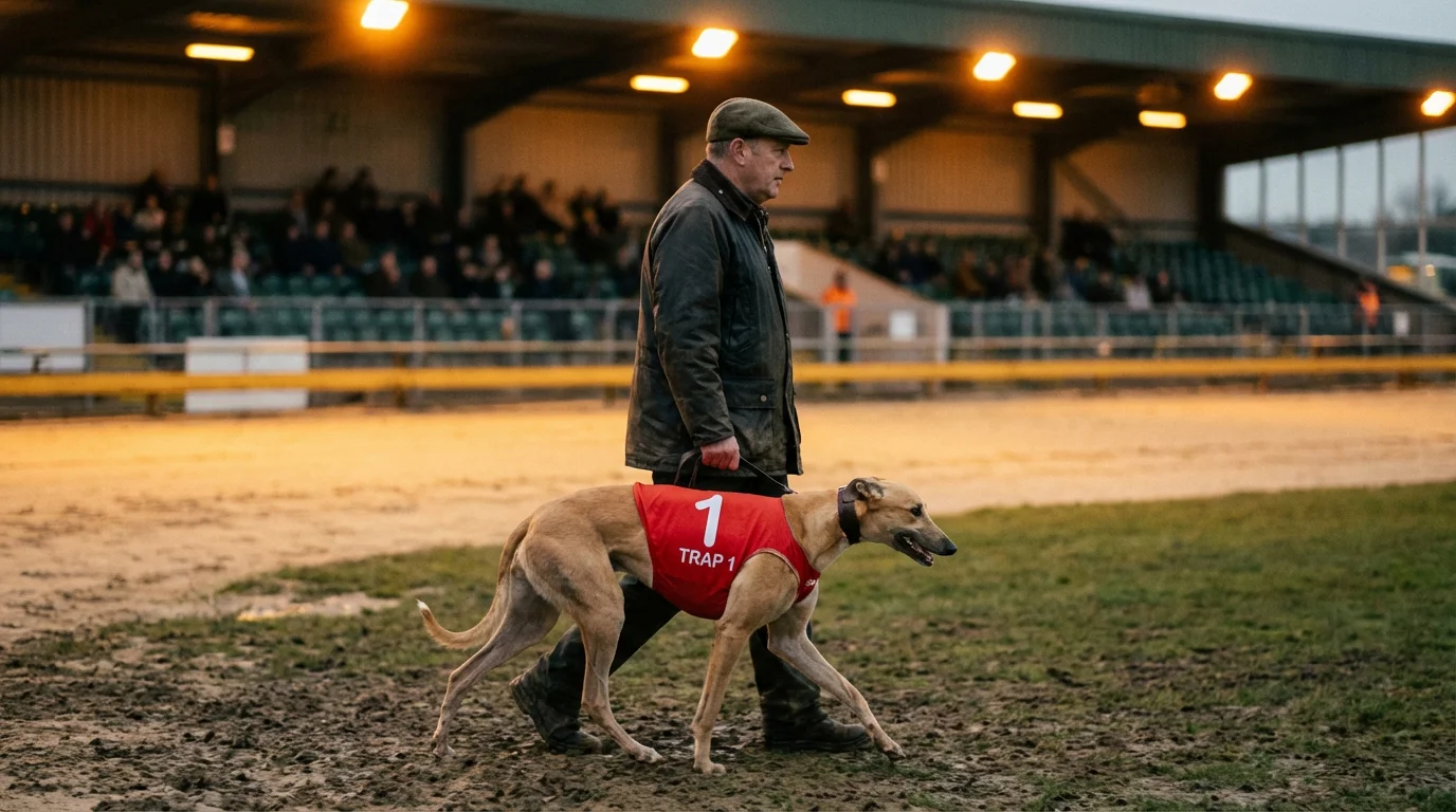 Greyhound trainer leading a racing dog through the paddock at a UK track