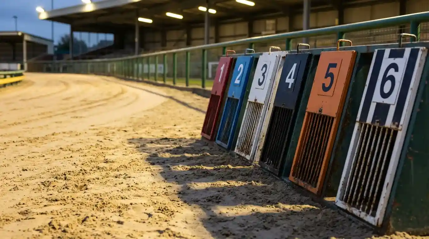 Greyhound trap draw with six coloured starting boxes