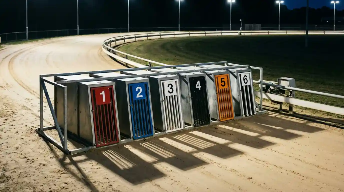Six greyhound starting traps with coloured jackets at a UK sand track