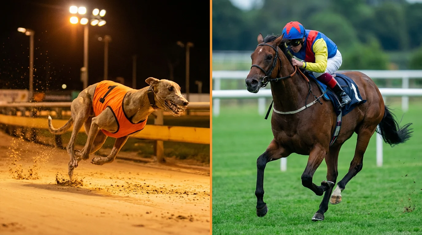 Greyhound sprinting on a sand track next to a horse galloping on turf, split-view comparison