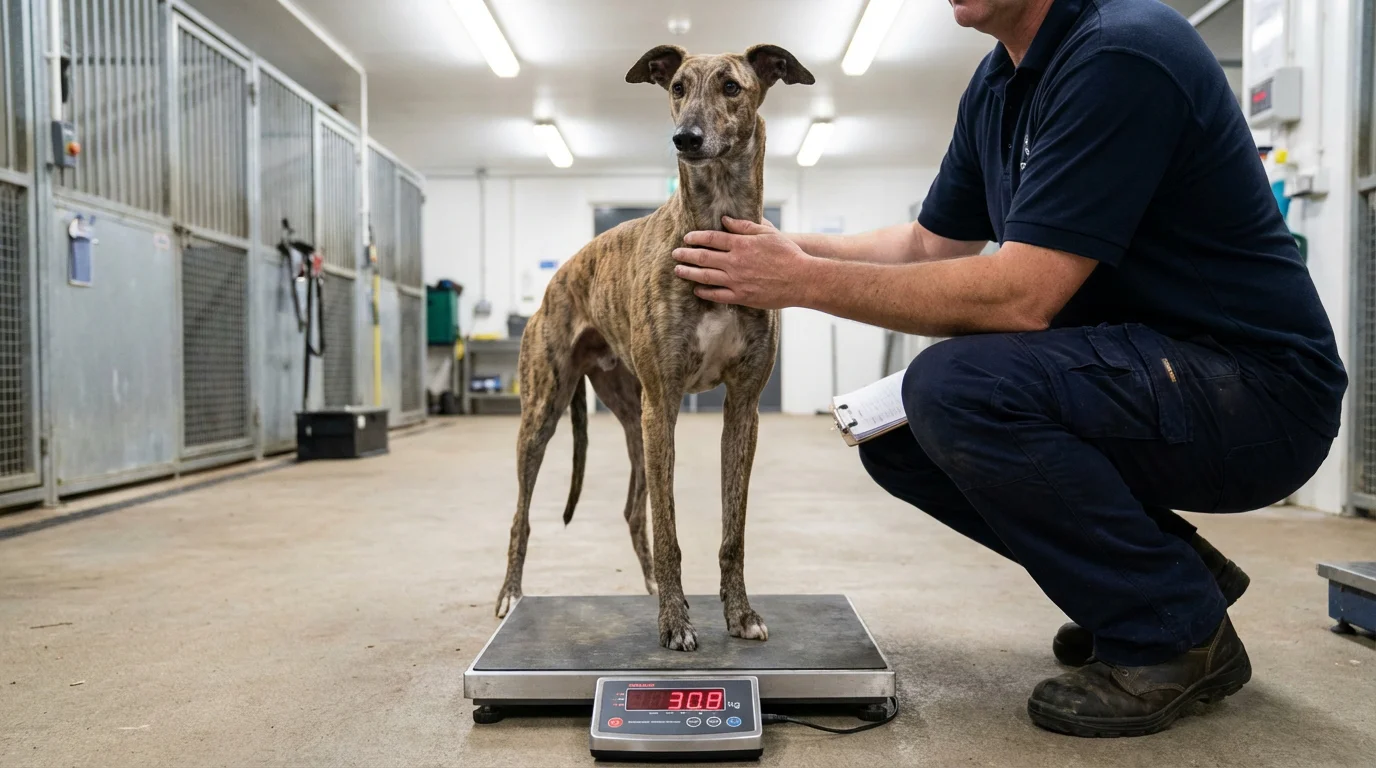 Greyhound standing on a weighing scale before a race with a handler noting the reading