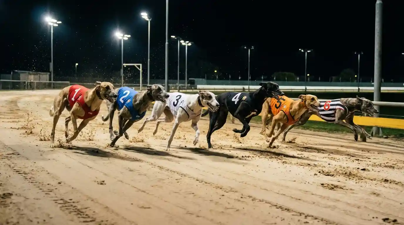 Live greyhound betting — greyhounds racing on a floodlit sand track at night