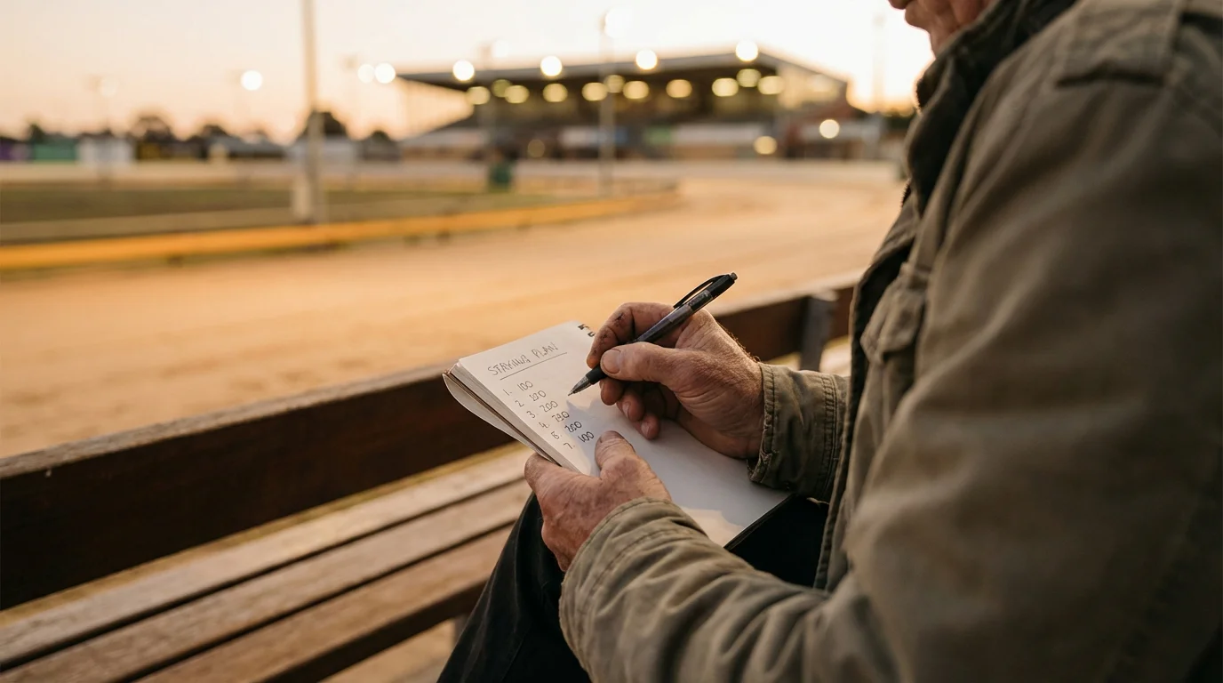 Person calmly reviewing a notebook with a staking plan at a greyhound track
