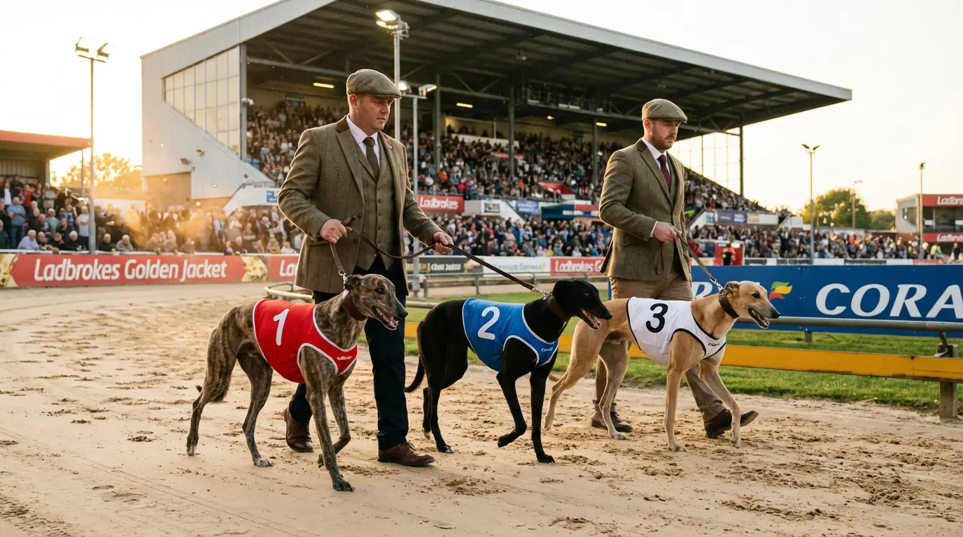 UK greyhound racing calendar — greyhounds parading before a major race event