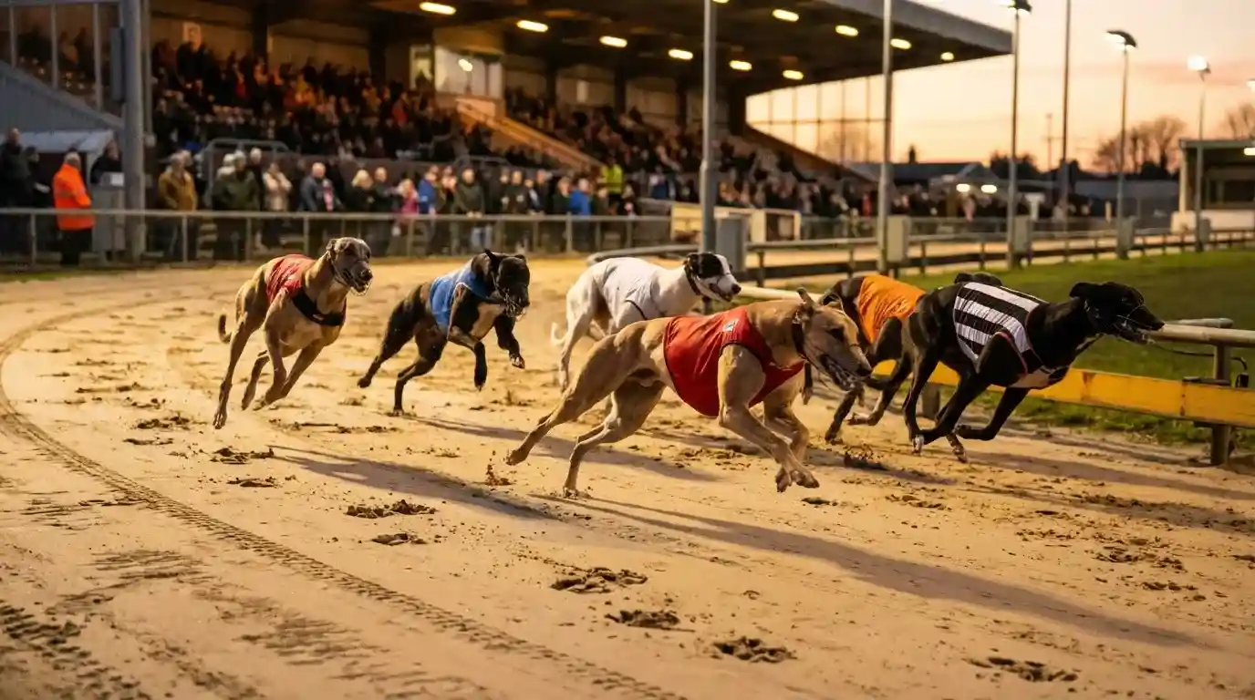 Greyhound racing under floodlights at a UK sand track with six dogs chasing the hare