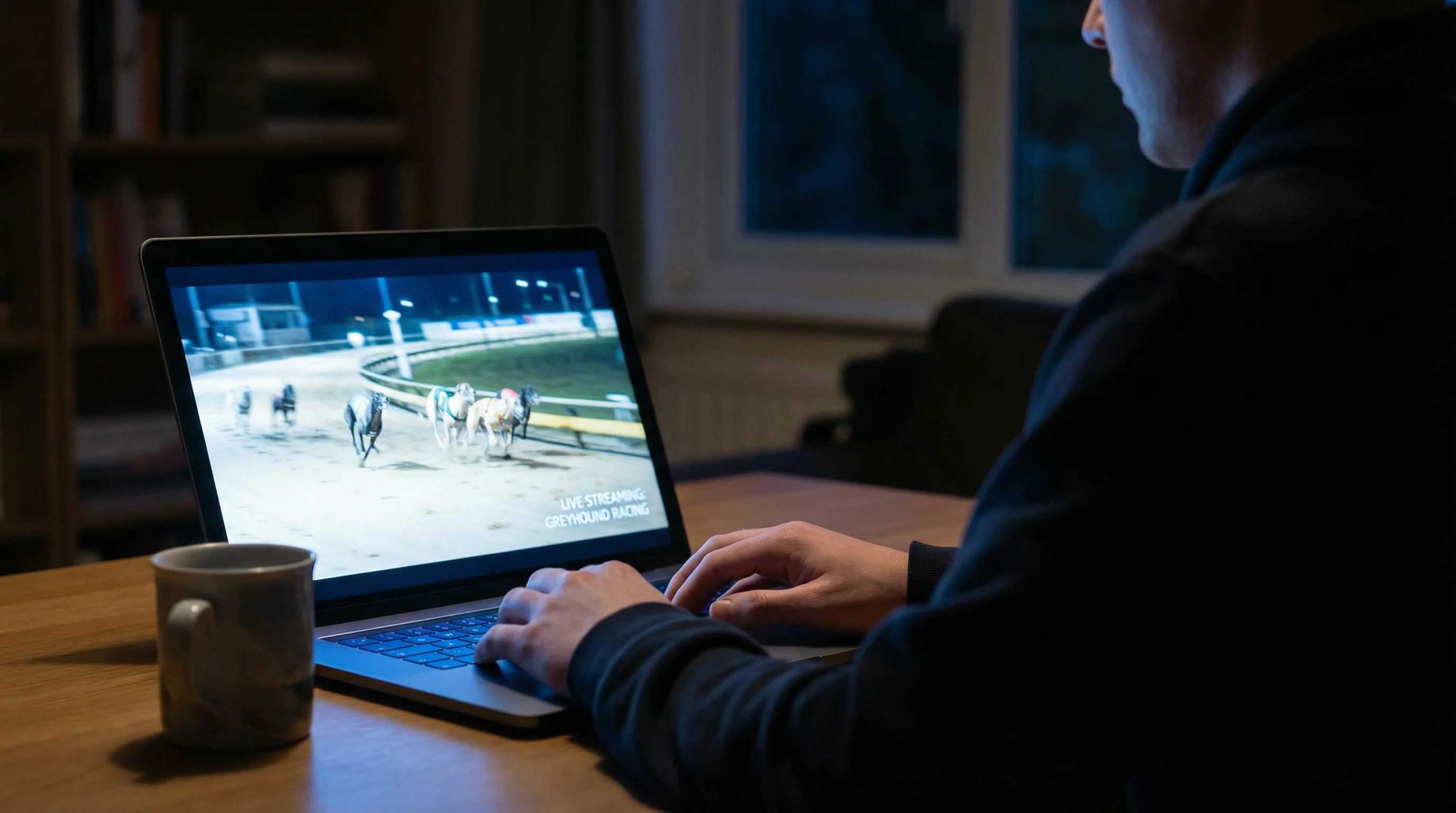 Watch greyhound racing live — person watching a greyhound race on a laptop screen